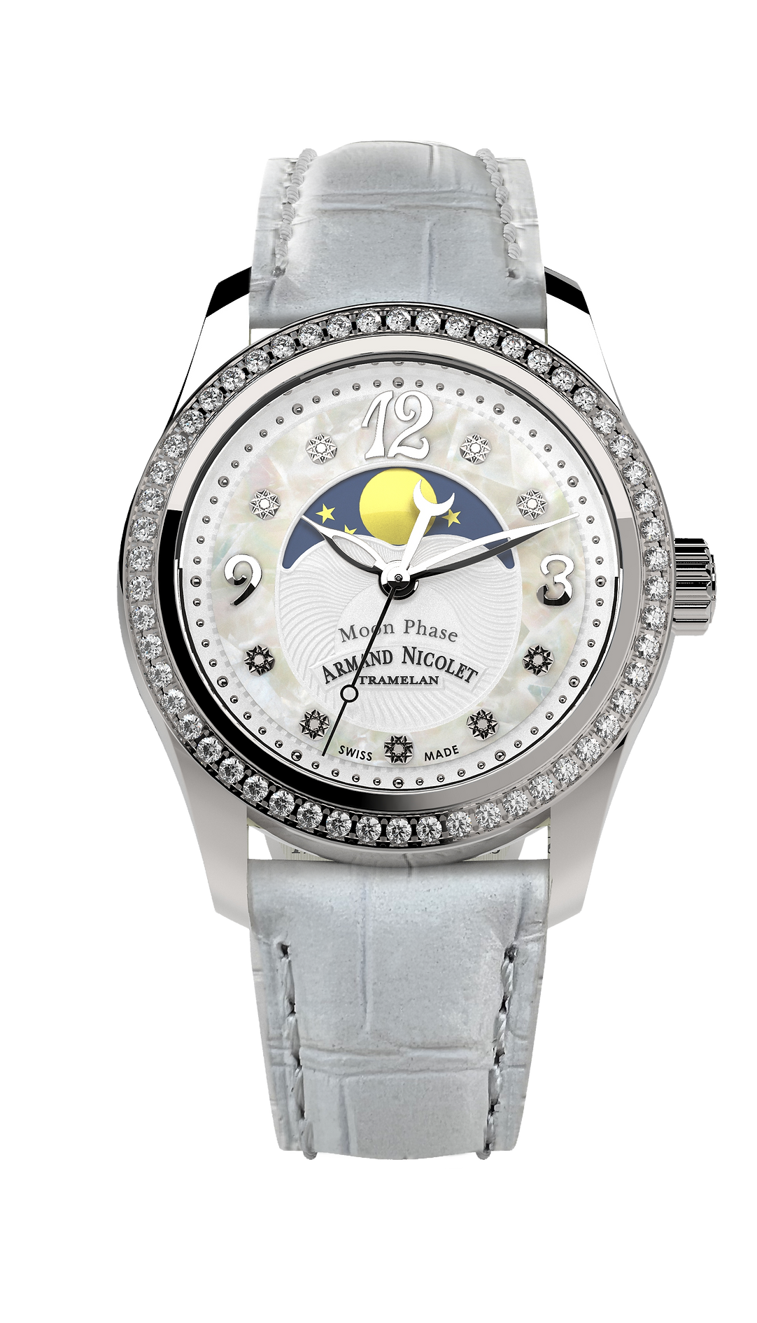 Armand Nicolet Ladies Watch M03 Moonphase 34mm Silver White A151TAA-AN-P882BC8