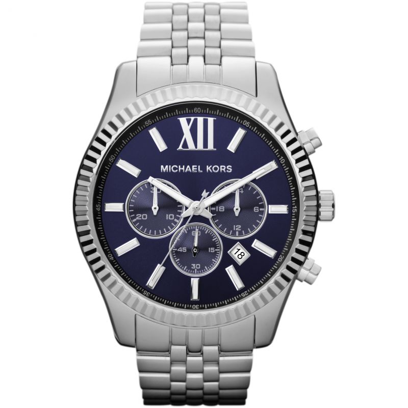 Michael Kors Mens Chronograph Watch Lexington 45mm Silver Blue MK8280