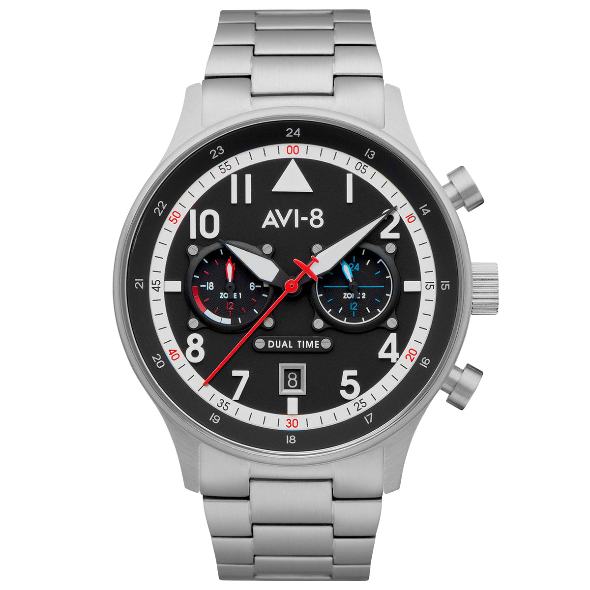 AVI-8 Carey Dual Time Black Chronograph with Stainless Steel Strap