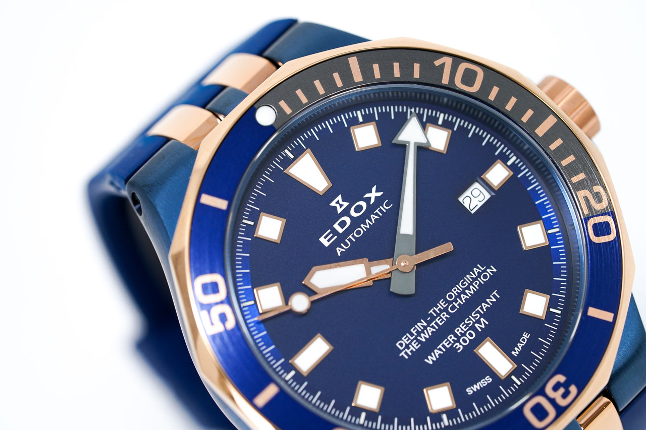 Edox Automatic Watch Delfin Diver Blue Rose Gold 43mm 80110 357BURCA BUIR