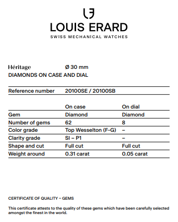 Louis Erard Watch Ladies Heritage Silver Diamond 20100SE11.BMA17