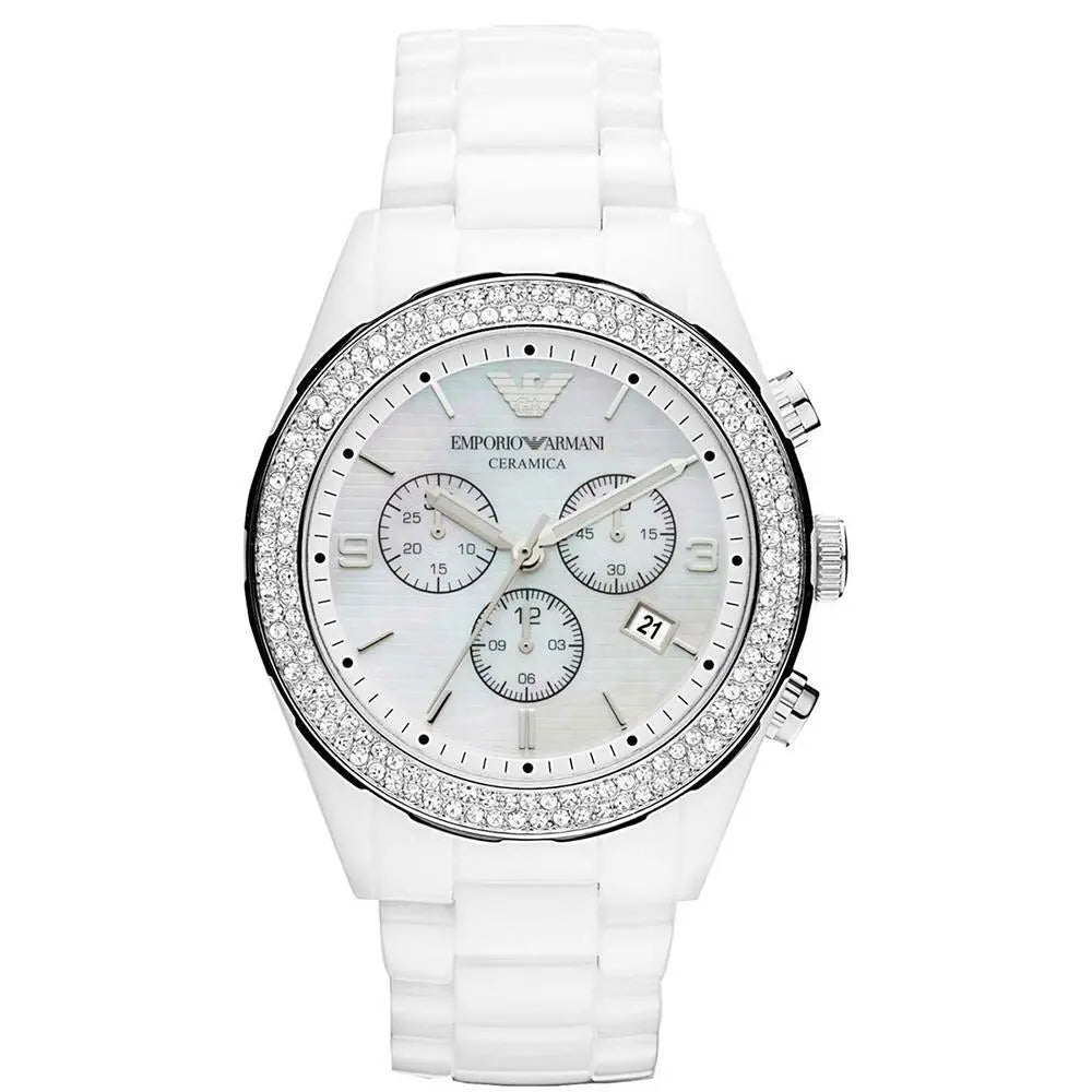 Emporio Armani Ladies Chronograph Watch Ceramica Crystal White AR1456 Watches Crystals