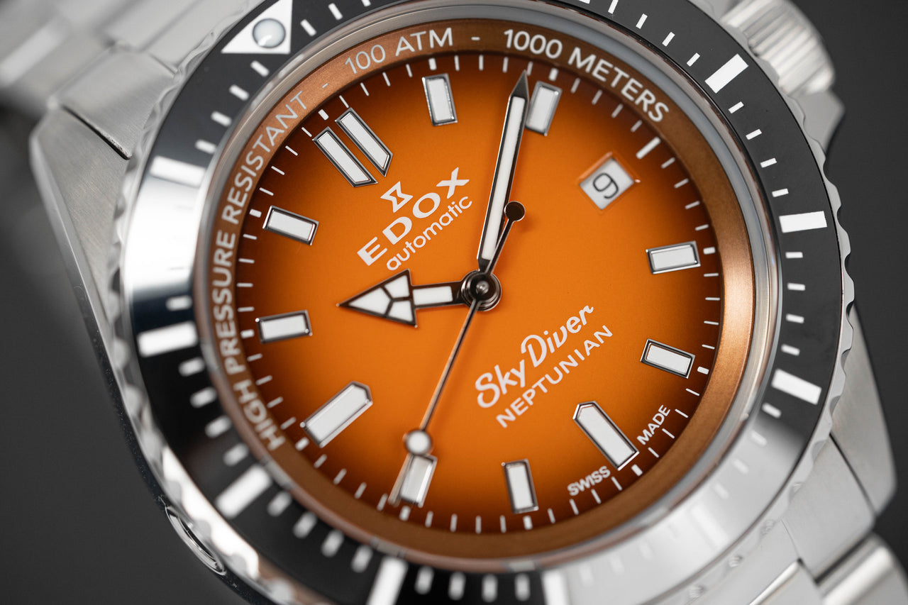 Edox Men's Watch Neptunian Sky Diver Automatic Steel Orange 80120-3NM-ODN