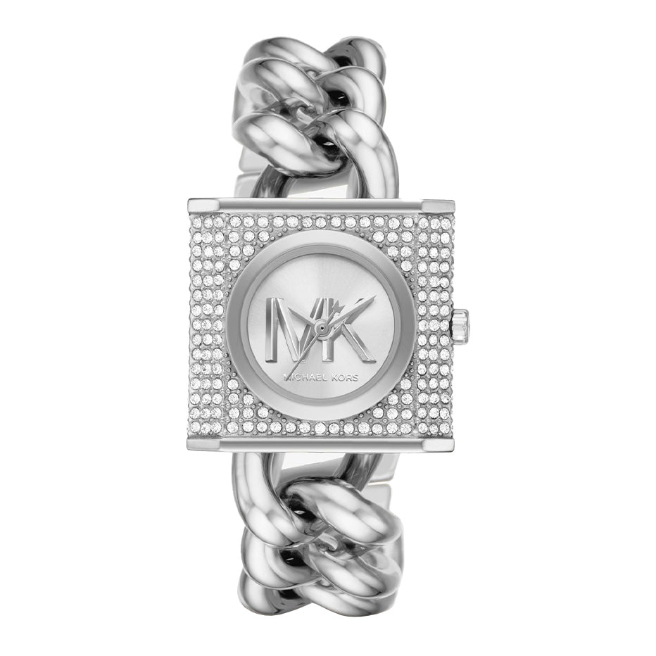 Michael Kors Ladies Silver Tone Chain Square Watch 25mm MK4718