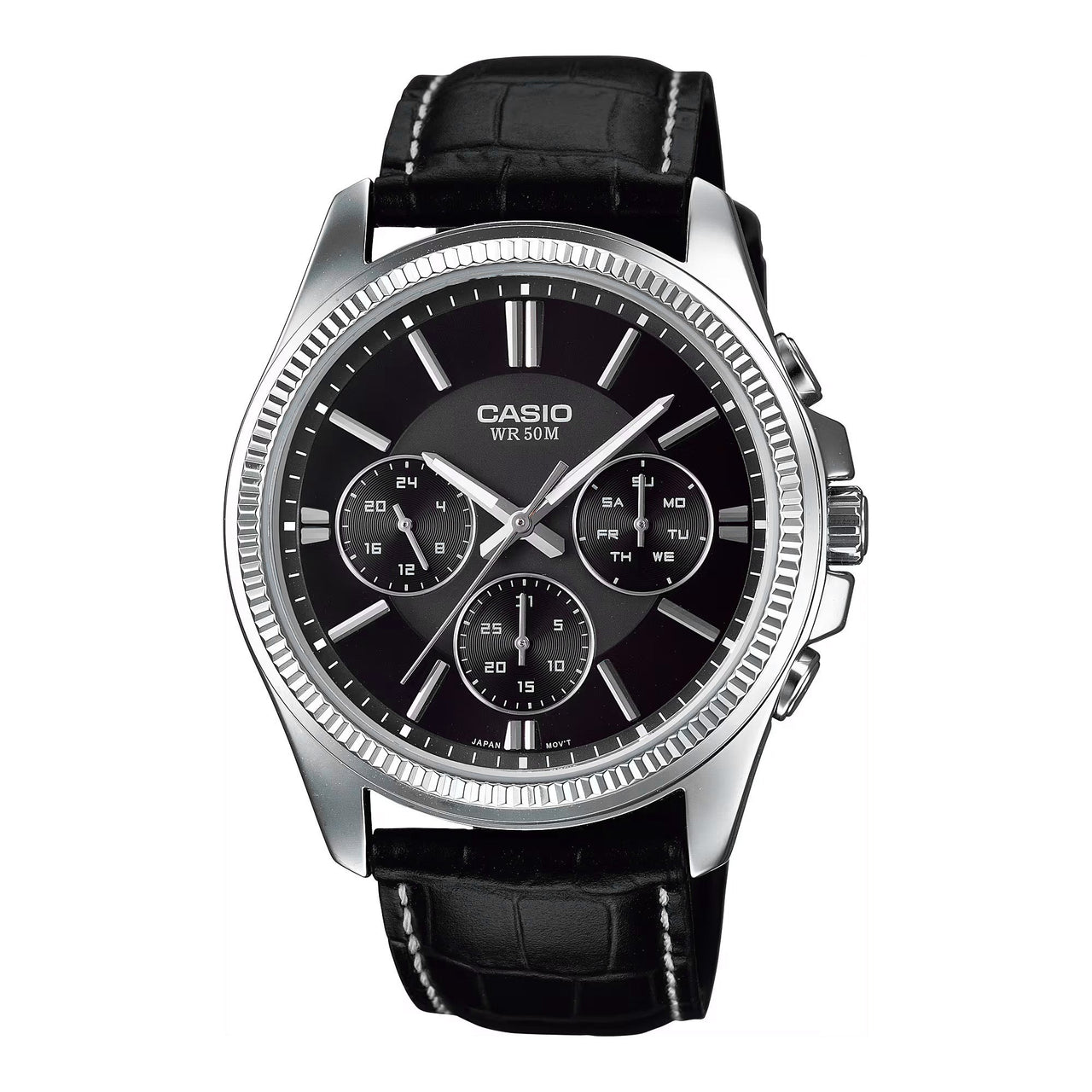 Casio Chrono 49mm Silver Men's Black Leather Analogue Watch MTP-1375L-1AVDF