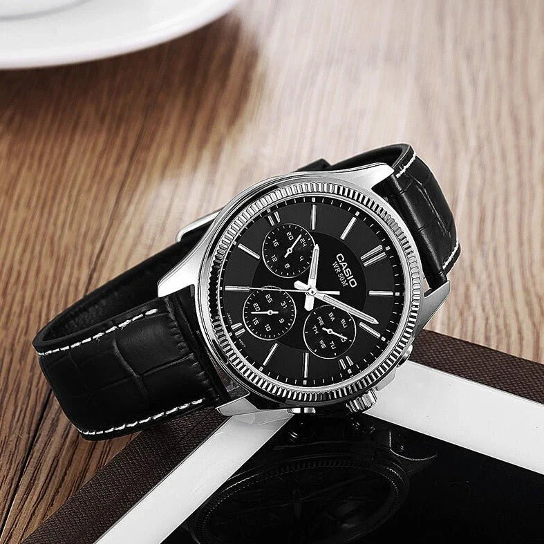 Casio Chrono 49mm Silver Men's Black Leather Analogue Watch MTP-1375L-1AVDF