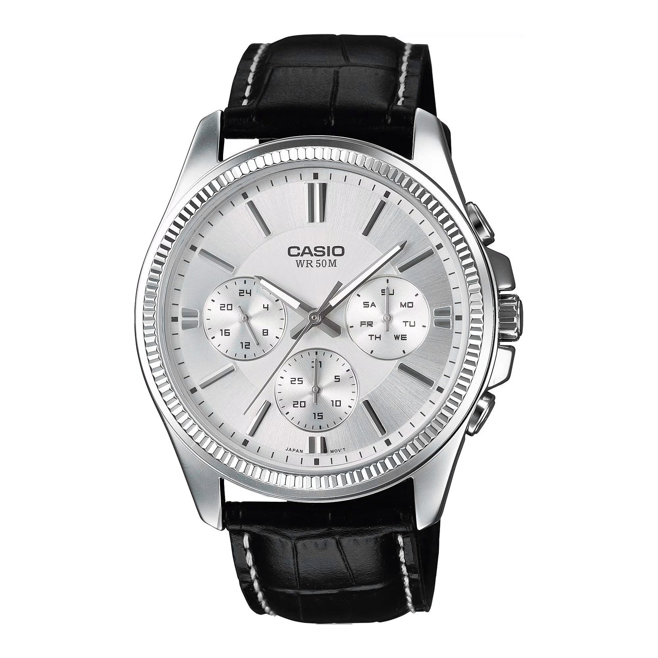 Casio Chrono 42mm Silver Men's Silver Leather Analogue Watch MTP-1375L-7AVDF