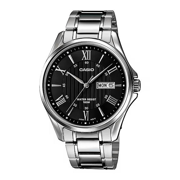 Casio Day Date 41mm Silver Men's Black Analogue Watch MTP-1384D-1AVDF
