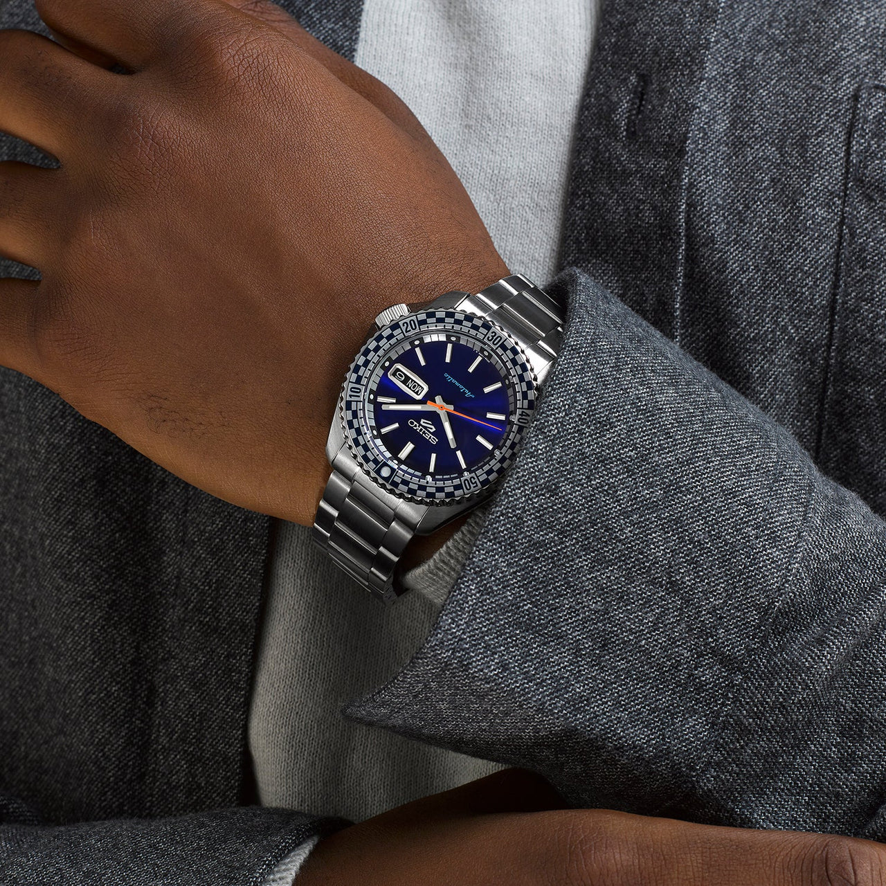 Seiko Men's Watch 5 Sports Petrol Blue Checker Flag Special Edition SRPK65K1