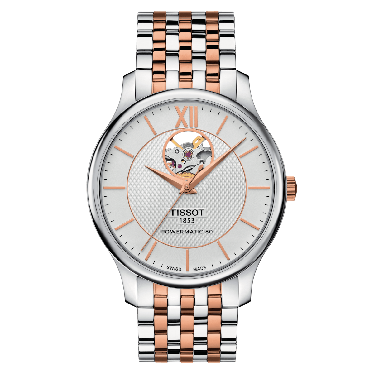 Tissot Men's Watch Tradition Powermatic 80 Open Heart Gold Rose Silver T0639072203801