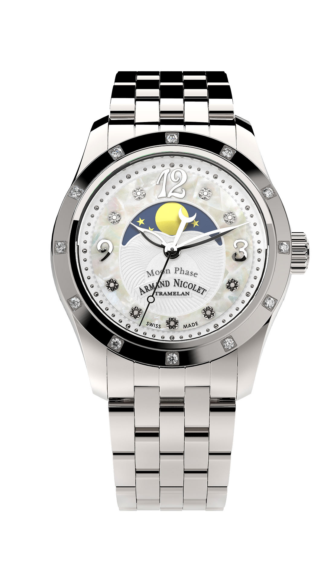 Armand Nicolet Ladies Watch M03 Moonphase 34mm Silver White A151RAA-AN-MA150