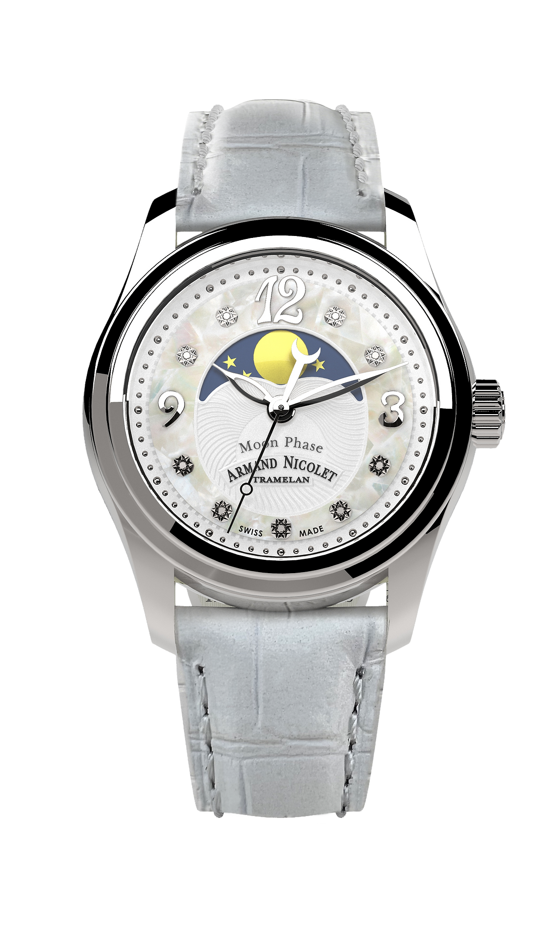 Armand Nicolet Ladies Watch M03 Moonphase 34mm White Silver A151QAA-AN-P882BC8