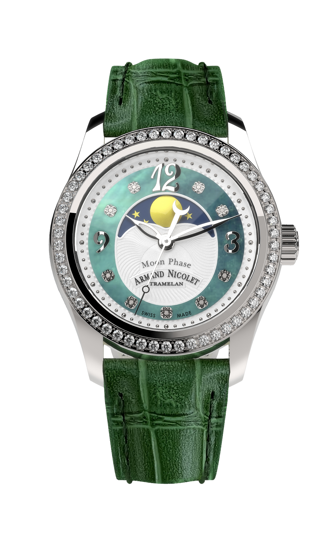 Armand Nicolet Ladies Watch M03 Moonphase 34mm Silver Green A151TAA-AV-P882VR8
