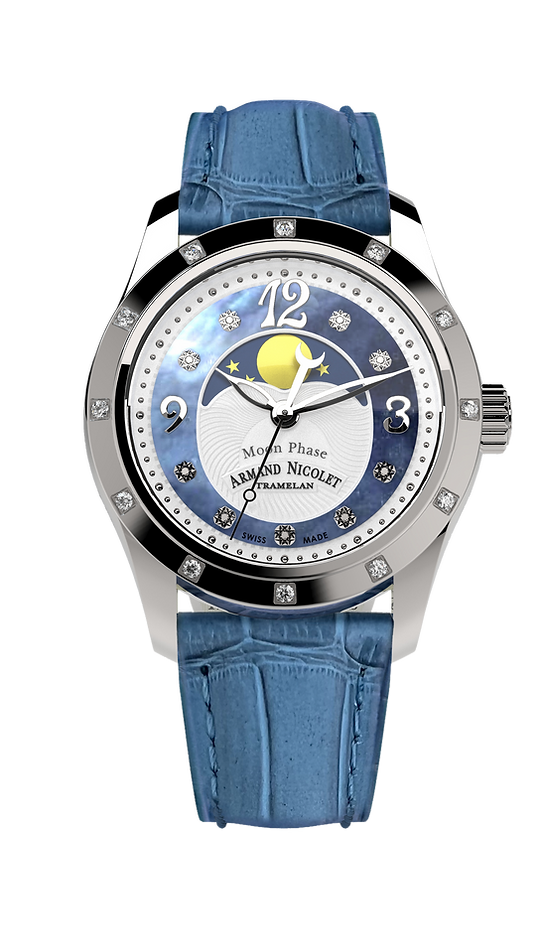 Armand Nicolet Ladies Watch M03 Moonphase 34mm Silver Blue A151RAA-AK-P882LV8