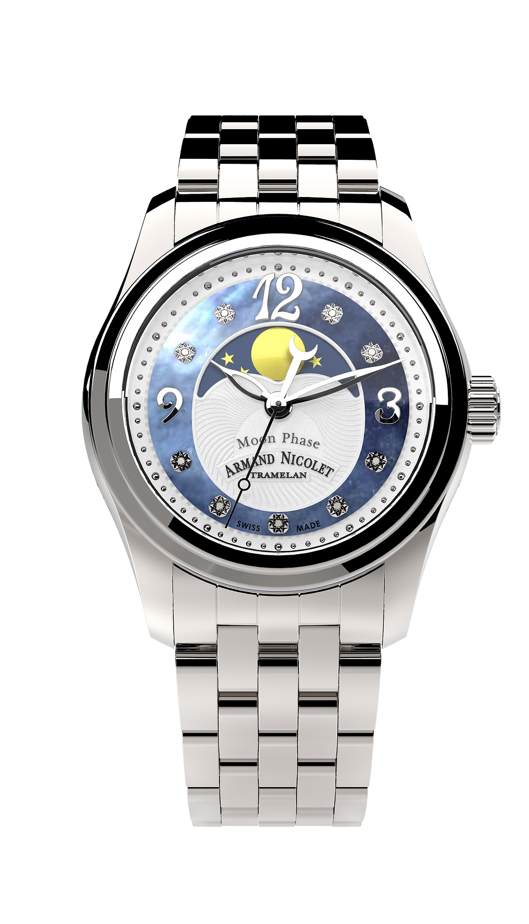 Armand Nicolet Ladies Watch M03 Moonphase 34mm Silver Blue A151QAA-AK-MA150