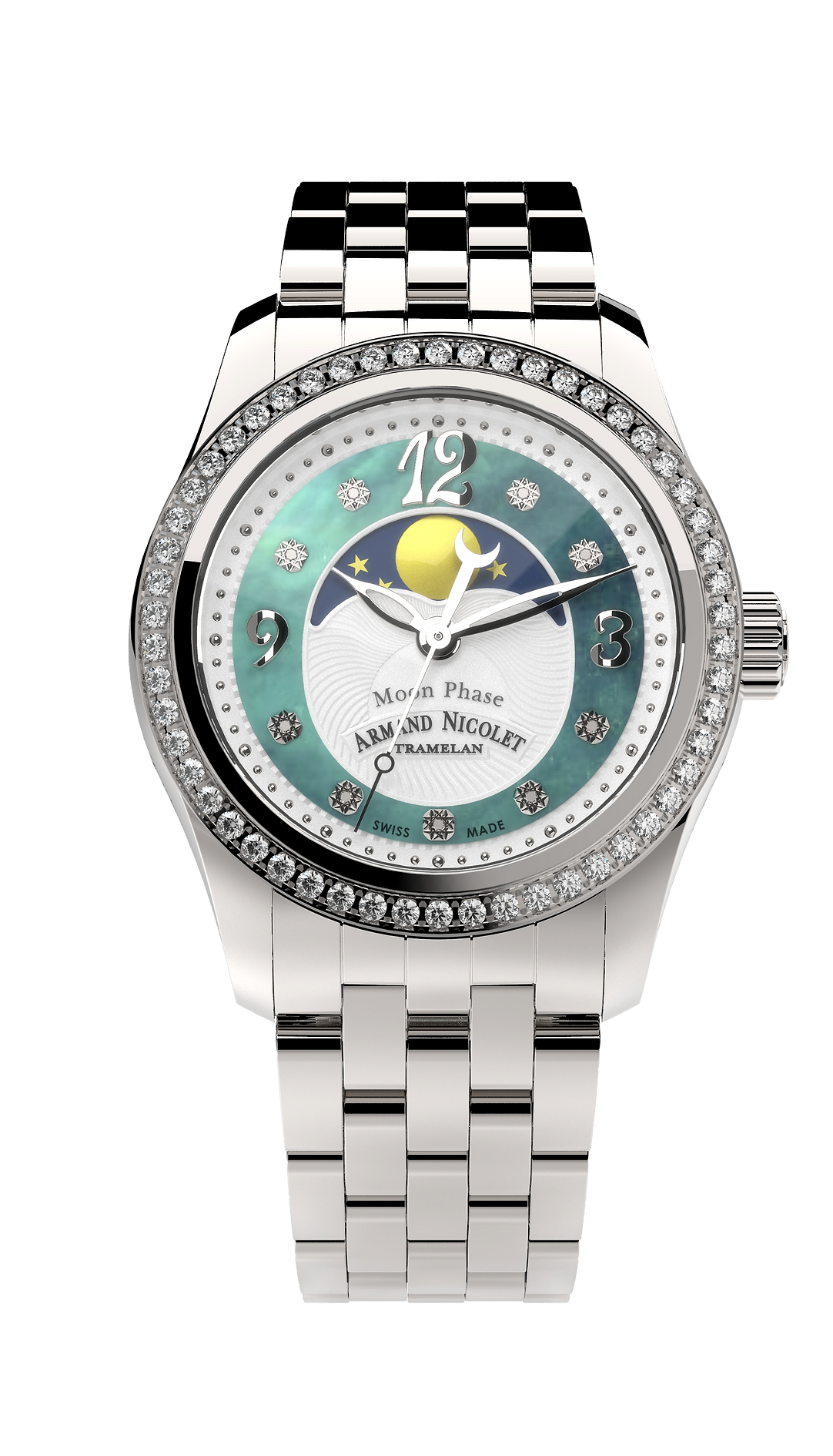 Armand Nicolet Ladies Watch M03 Moonphase 34mm Silver Green A151TAA-AV-MA150