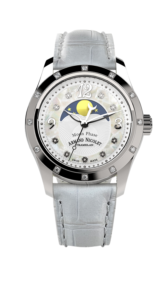 Armand Nicolet Ladies Watch M03 Moonphase 34mm Silver White A151RAA-AN-P882BC8