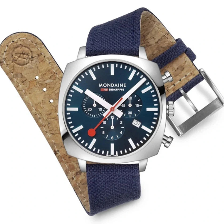 Chronograph Watch - Mondaine Grand Cushion Chrono Square Men's Blue Watch  MSL.41440.LD.SET