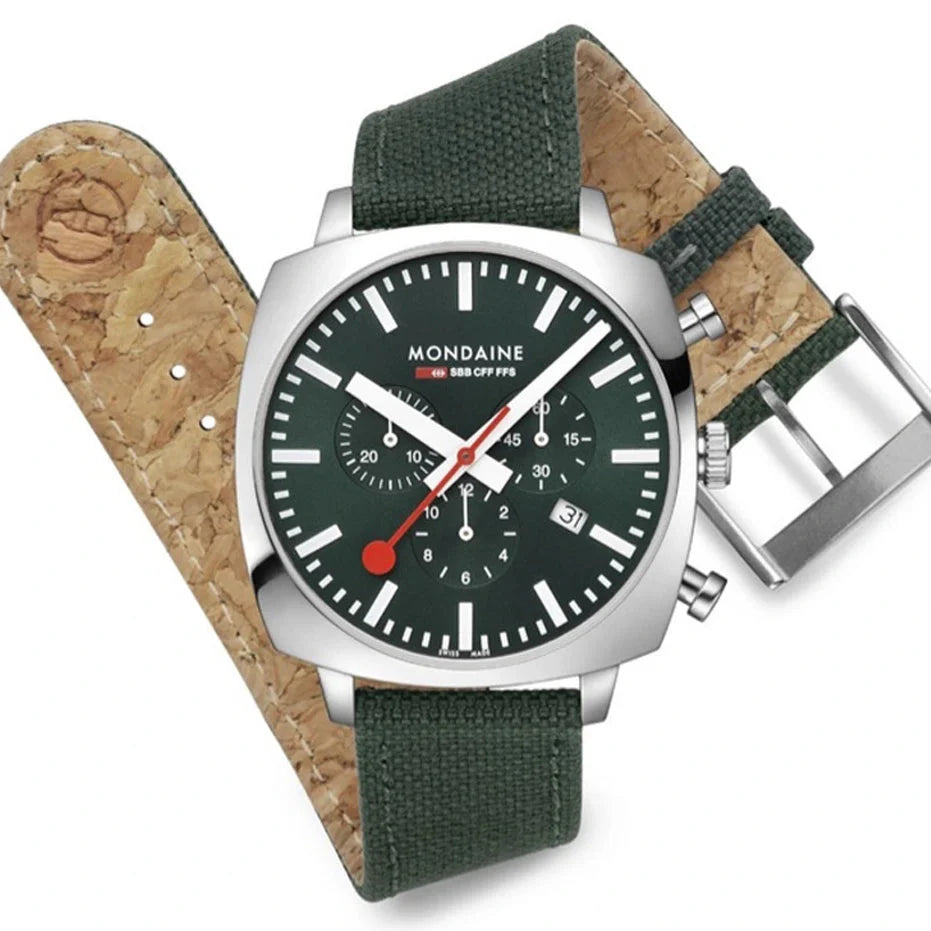 Chronograph Watch - Mondaine Grand Cushion Chrono Square Men's Green Watch MSL.41460.LF.SET