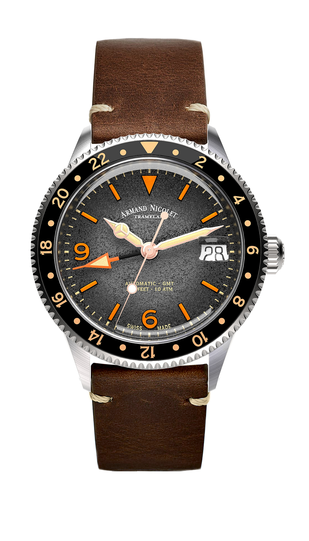 Armand Nicolet Men's Watch VS1 GMT 38mm Black Brown A506ANAA-NS-BP19500MAC