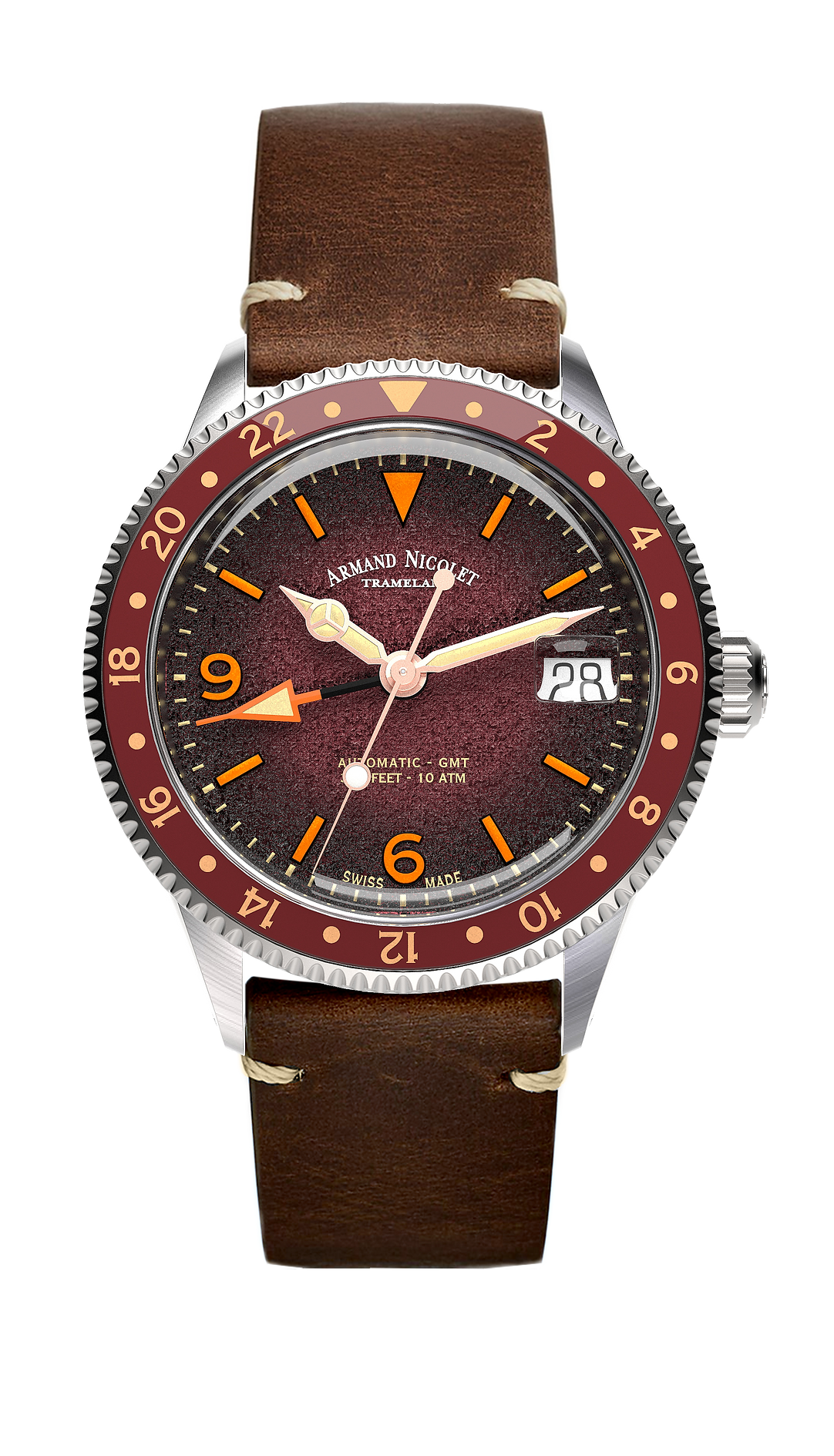 Armand Nicolet Men's Watch VS1 GMT 38mm Burgundy Brown A506AXAA-XS-BP19500MAC