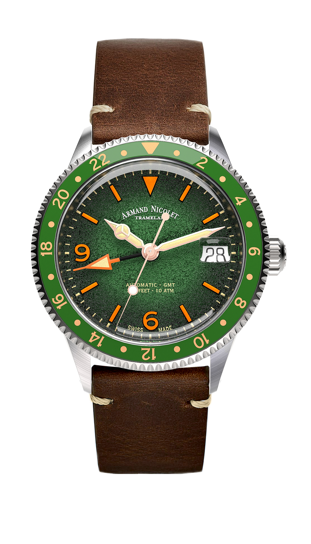 Armand Nicolet Men's Watch VS1 GMT 38mm Green Brown A506AVAA-VS-BP19500MAC