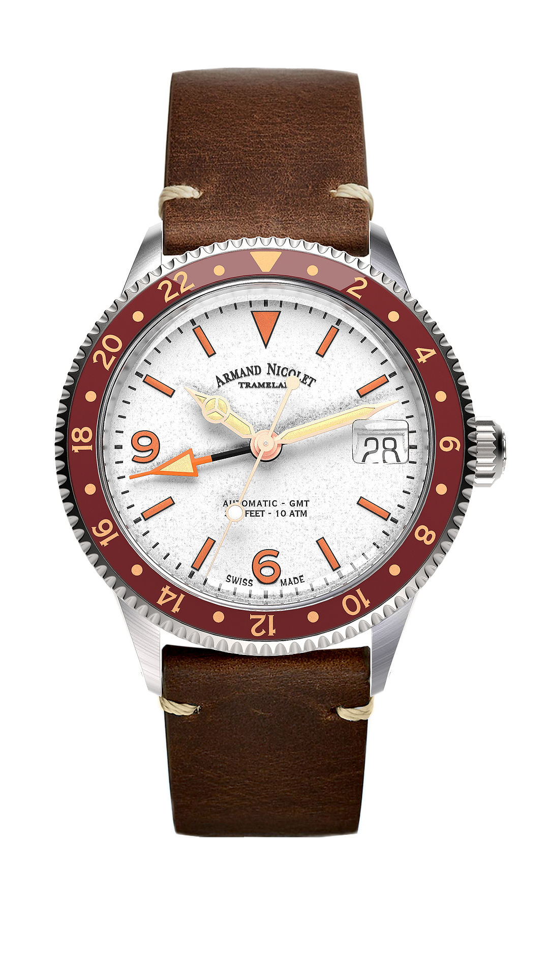 Armand Nicolet Men's Watch VS1 GMT 38mm Silver Brown A506AXAA-AS-BP19500MAC