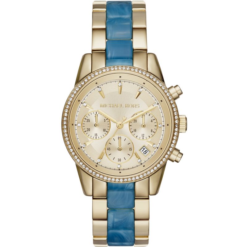 Michael Kors Ladies Watch Ritz Chronograph 37mm Gold Blue MK6328