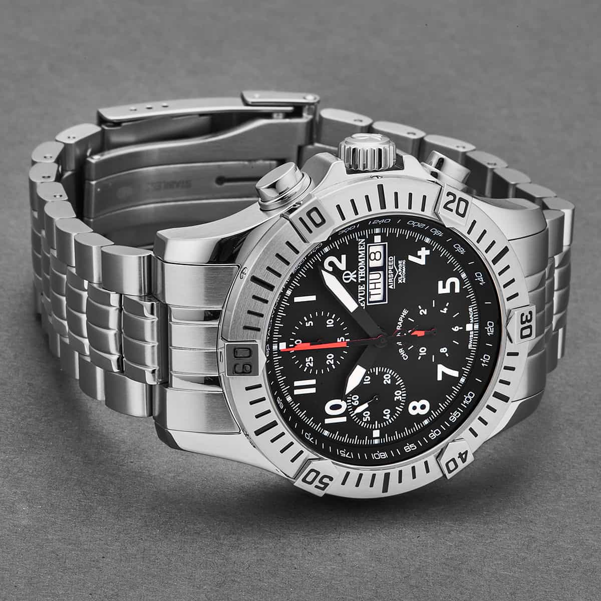 Revue Thommen Airspeed Men's 44mm Black Dial Stainless Steel Chronograph Automatic Watch 16071.6134