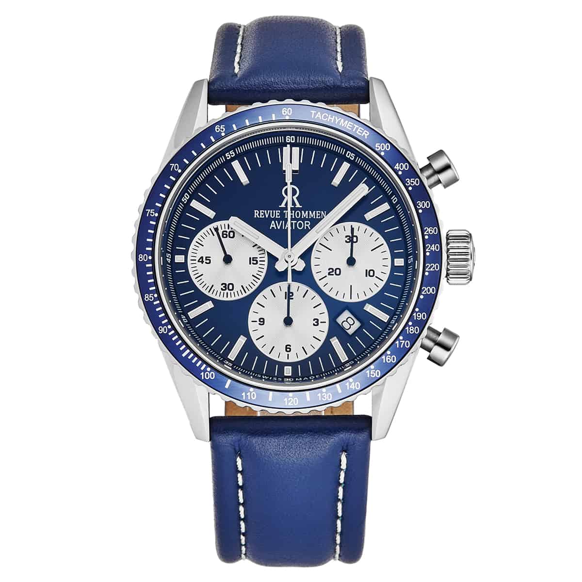 Revue Thommen Aviator Men's 42mm Blue Leather Chronograph Automatic Watch 17000.6535