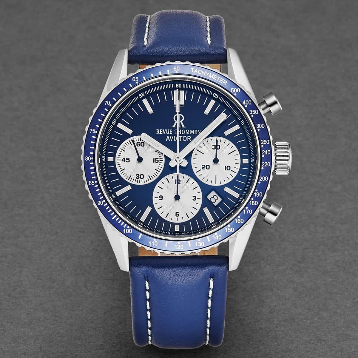 Revue Thommen Aviator Men's 42mm Blue Leather Chronograph Automatic Watch 17000.6535