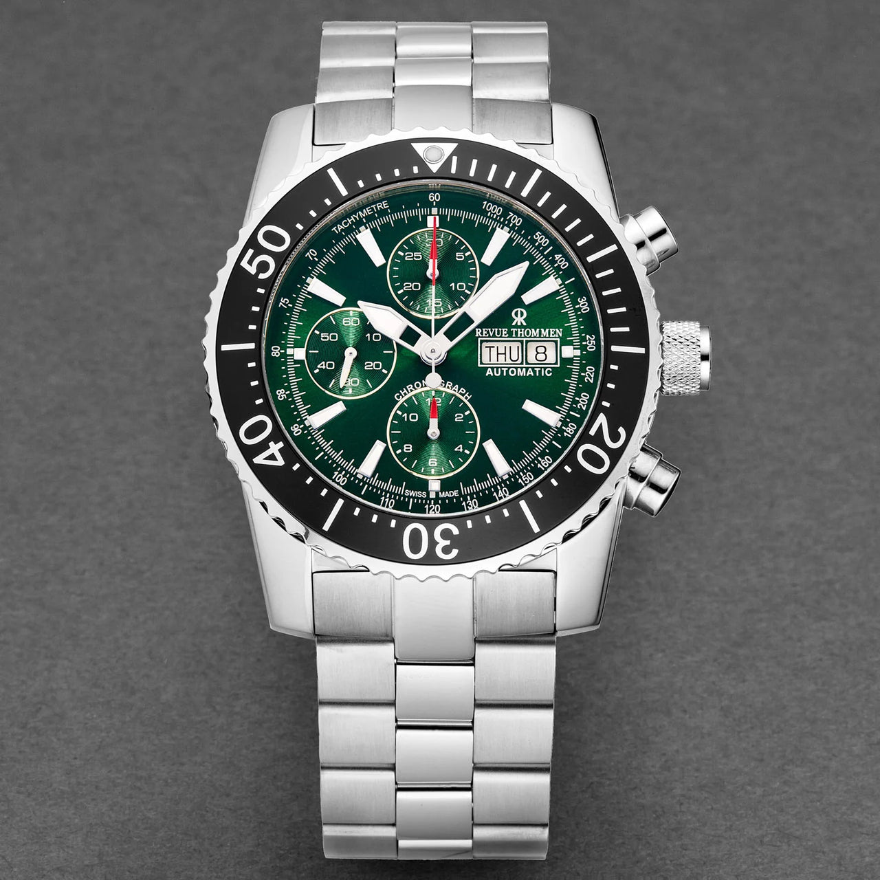 Revue Thommen Diver Men's 45mm Green Stainless Steel Automatic Chronograph Watch 17030.6122