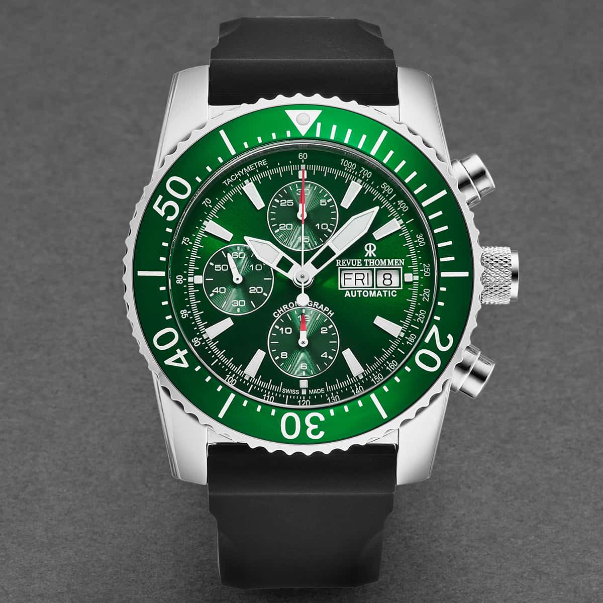 Revue Thommen Diver Men's 46mm Green Rubber Chronograph Automatic Watch 17030.6532