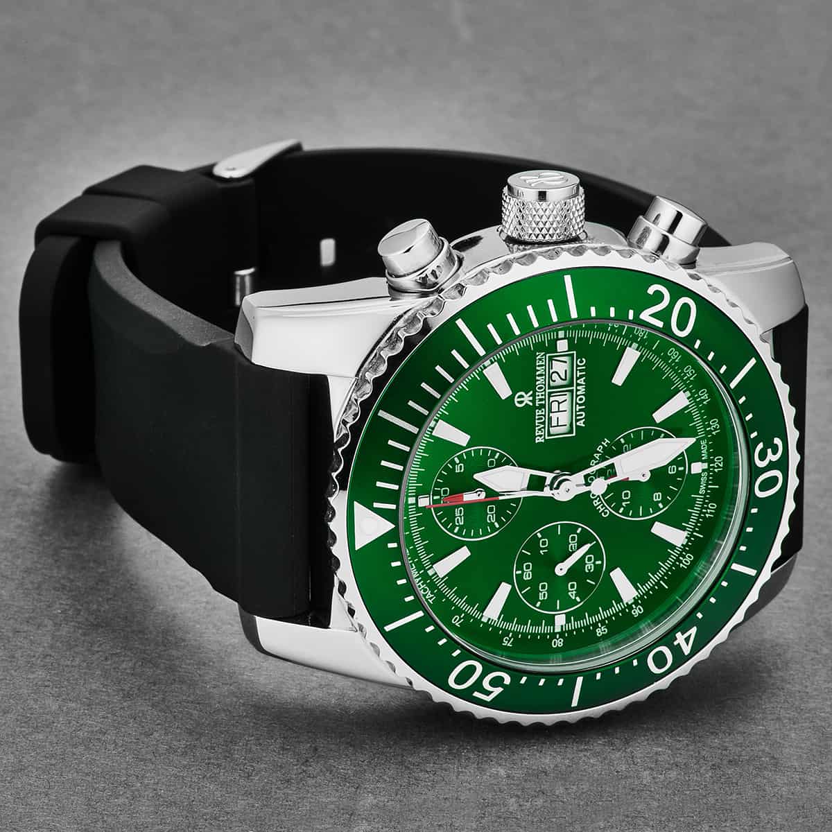 Revue Thommen Diver Men's 46mm Green Rubber Chronograph Automatic Watch 17030.6532