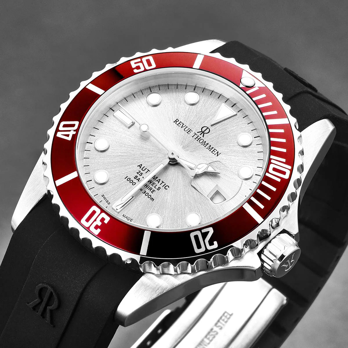Revue Thommen Diver Men's 42mm Silver Red Automatic Watch 17571.2826