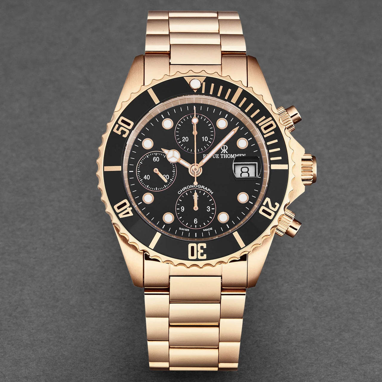 Revue Thommen Diver Men's 42mm Black Rose Gold Chronograph Automatic Watch 17571.6167