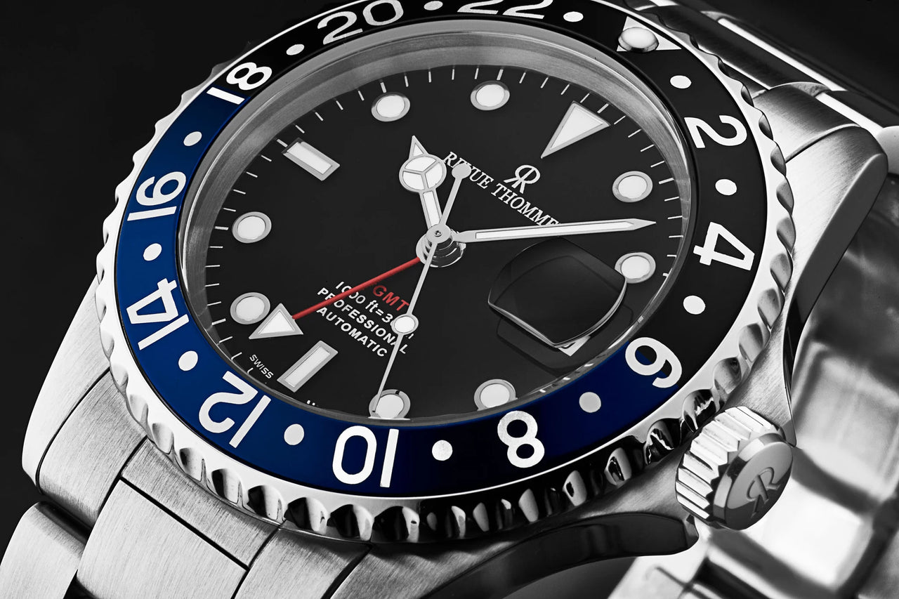 Revue Thommen Diver Men's 42mm Black Dial Black and Blue Bezel GMT Automatic Watch 17572.2133