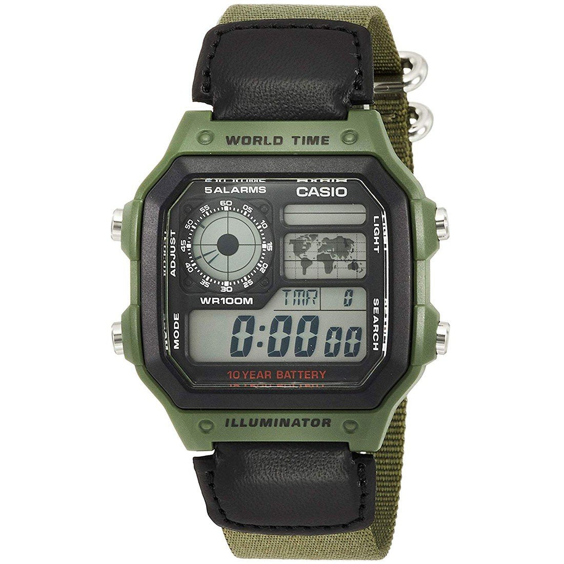 Casio Watch Digital World Time Illuminator Green Nato AE-1200WHB-3BVDF –  Watches & Crystals
