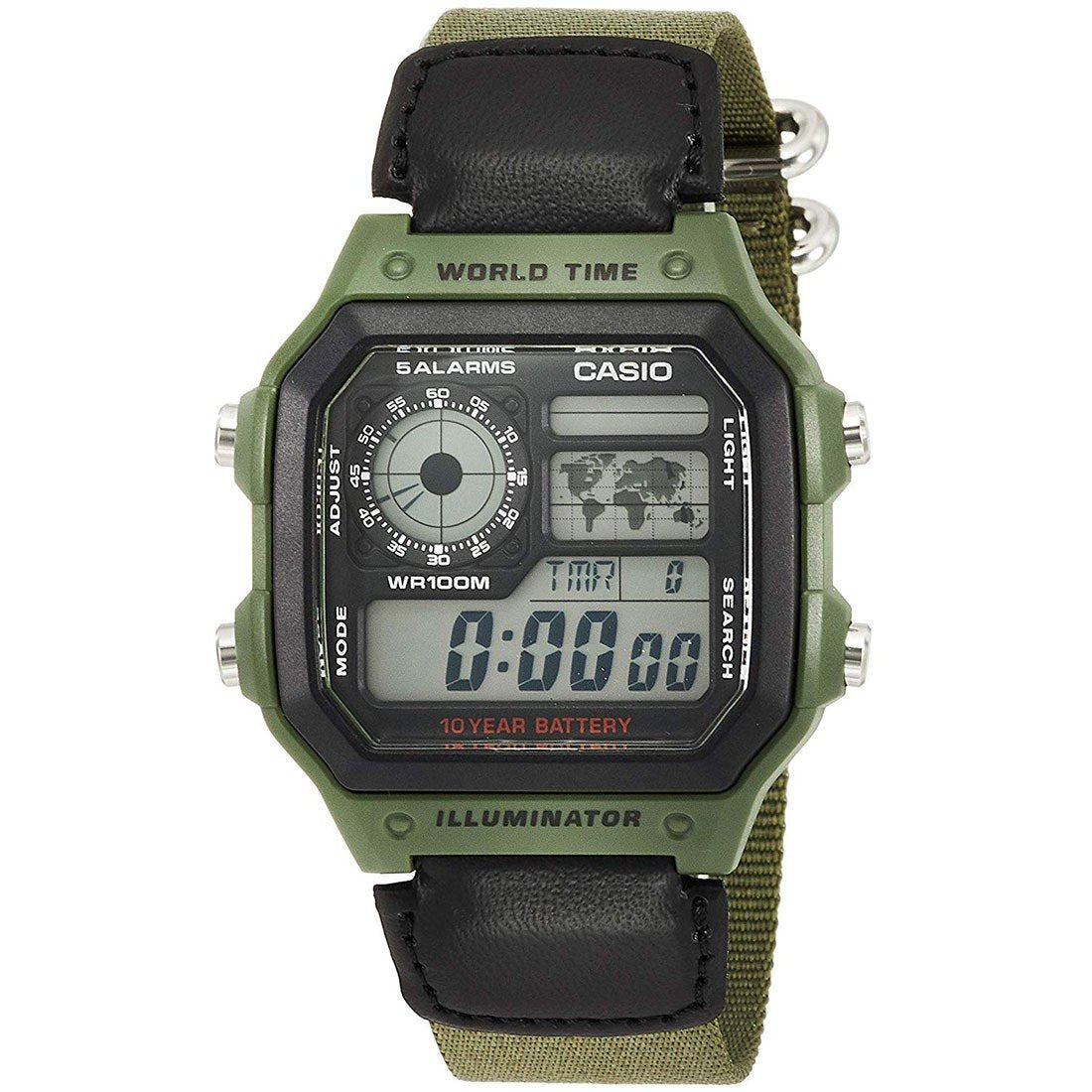 Casio Watch Digital World Time Illuminator Green Nato AE-1200WHB