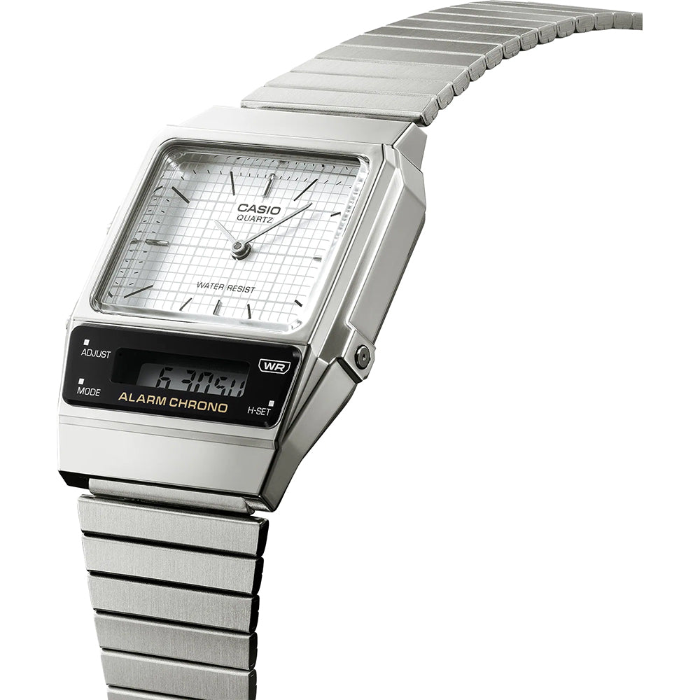 Casio Watch Vintage White Dual Time Steel Flat Link AQ-800E-7ADF