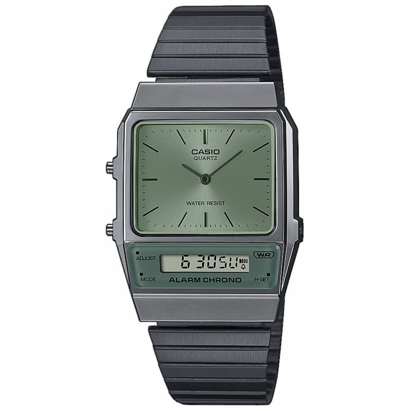 Casio Watch Vintage IP Grey Dual Time Steel Green Dial AQ-800ECGG-3ADF