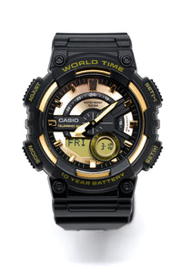 Thumbnail for Casio Men's Watch World Time Telememo Gold/Black AEQ-110BW-9AVDF