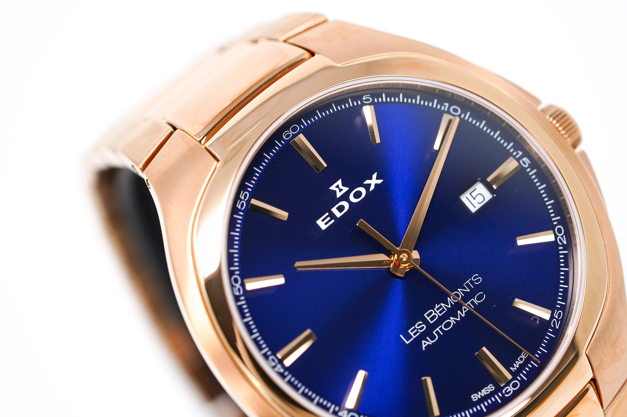 Edox Men's Automatic Watch Les Bèmonts Ultra Slim Blue Rose Gold 42mm 80114 37R BUIR