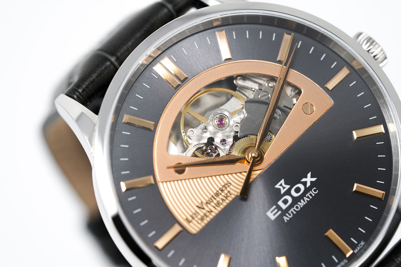 Edox Men's Automatic Watch Les Vauberts Open Heart Rose Gold 43mm 850143GIR