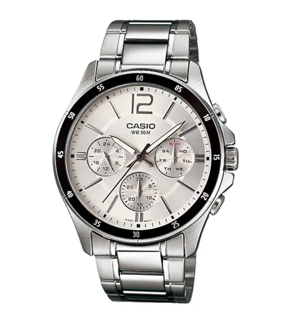 Casio Men s Watch Chronograph Stainless Steel Silver MTP 1374D 7AVDF Watches Crystals