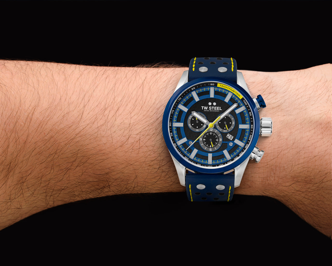 TW Steel Watch Men's Swiss Volante Chronograph Fast Lane Yellow Blue SVS208