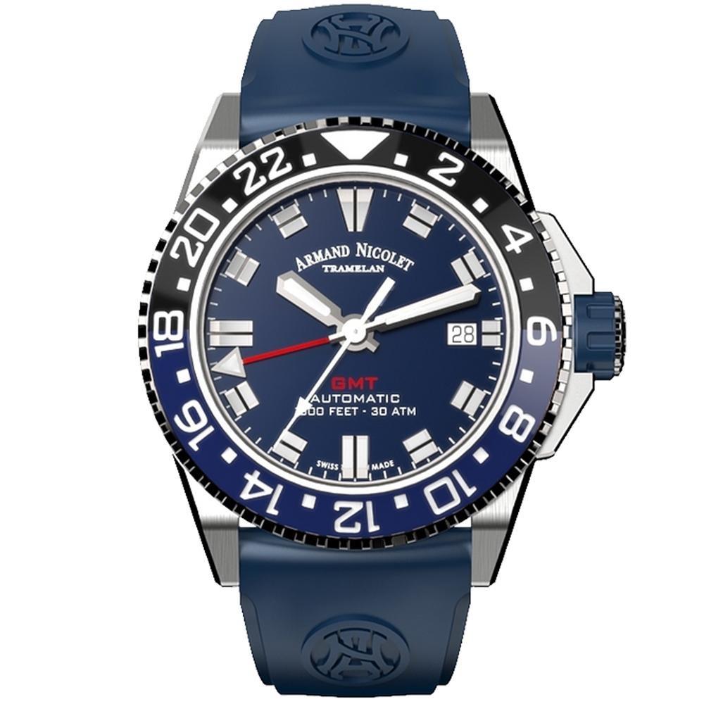 Armand Nicolet JS9-41 GMT Stainless Steel Black and Blue Ceramic Bezel - Watches & Crystals