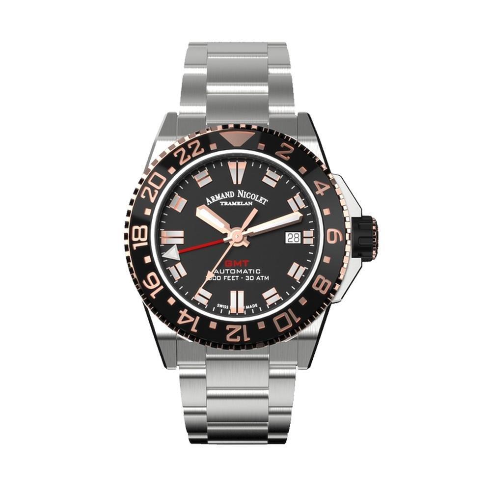 Armand Nicolet JS9-41 GMT Stainless Steel Black Bezel - Watches & Crystals