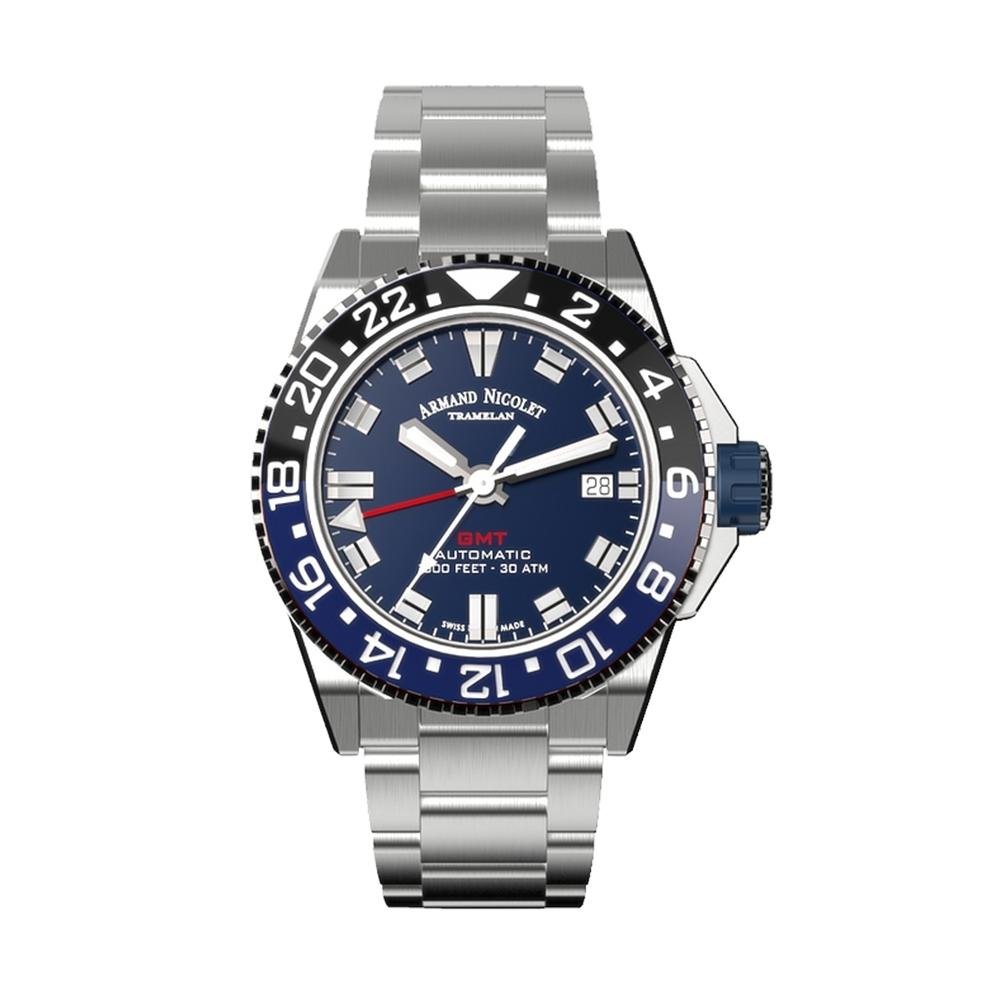 Armand Nicolet JS9-41 GMT Stainless Steel Blue Bezel - Watches & Crystals