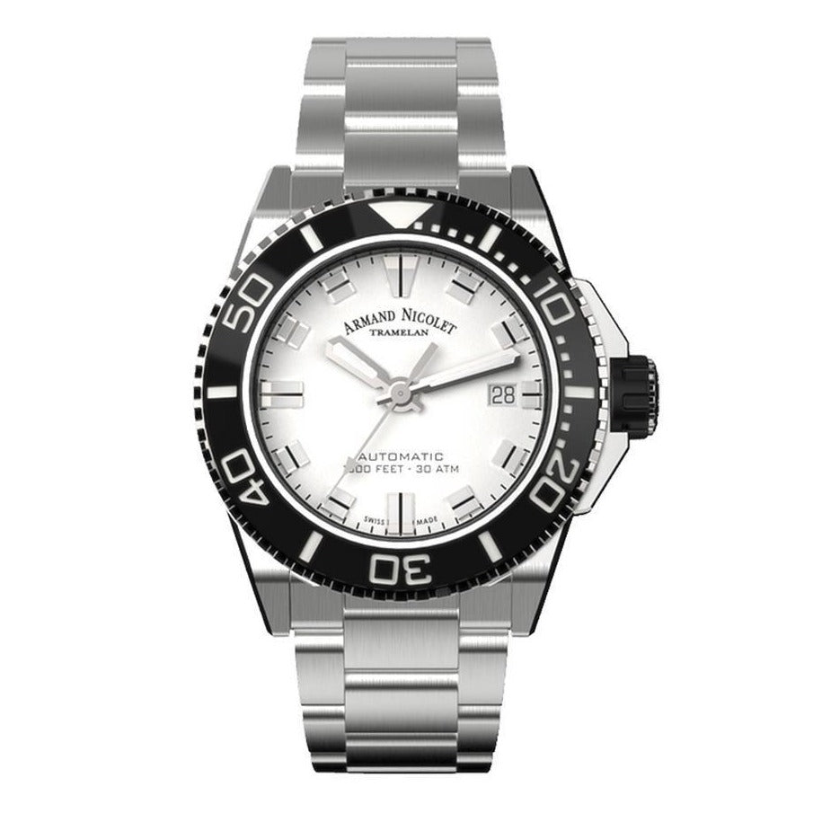 Armand Nicolet JS9-41 Silver Stainless Steel Black Bezel - Watches & Crystals
